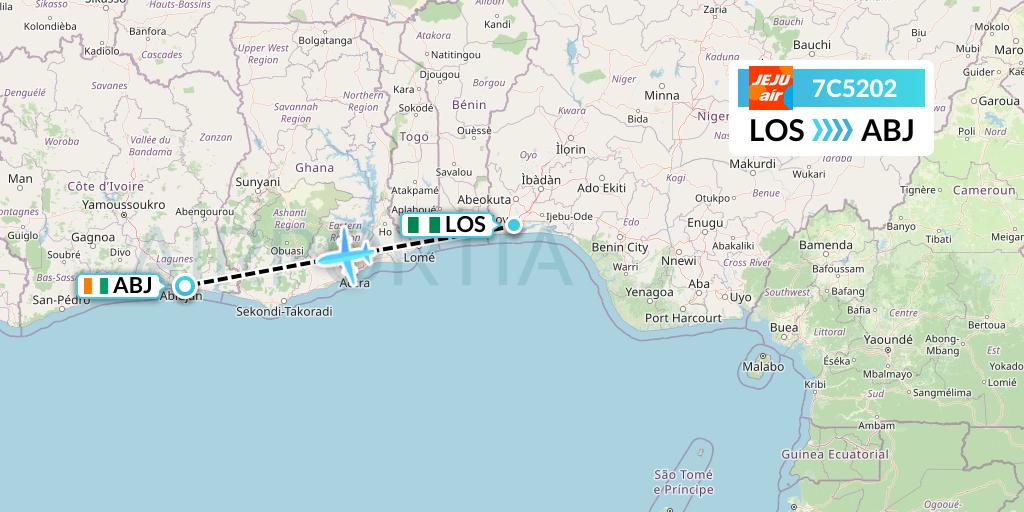 7C5202 Jeju Air Flight Map: Lagos to Abidjan