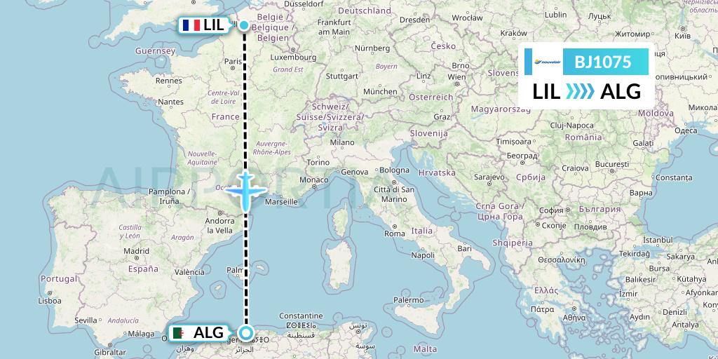 BJ1075 Nouvelair Tunisie Flight Map: Lille to Algiers