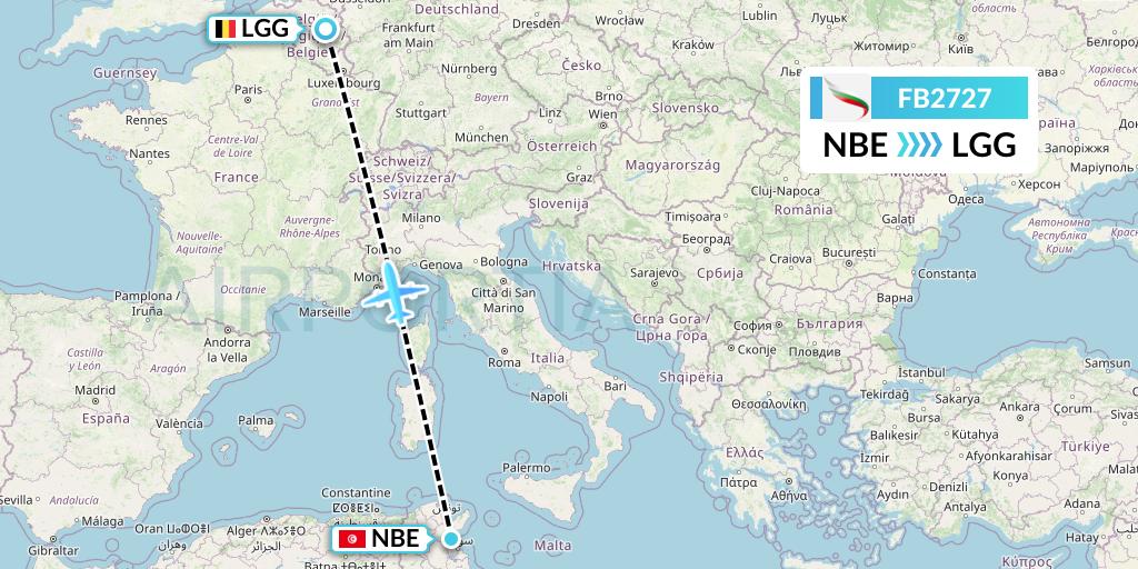 FB2727 Bulgaria Air Flight Map: Enfidha to Liege