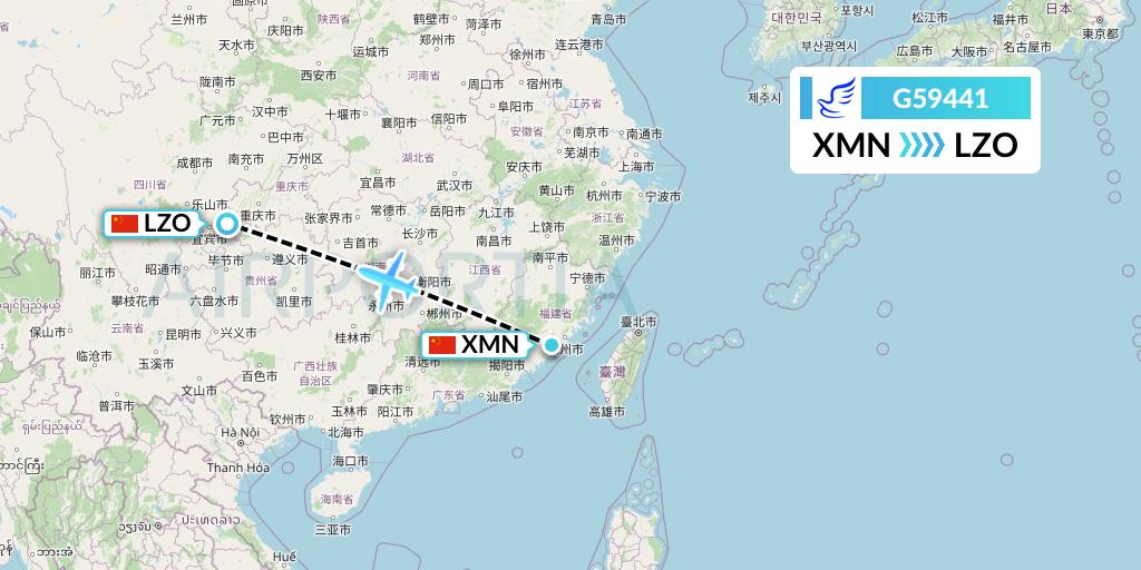 G59441 China Express Airlines Flight Map: Xiamen to Luzhou