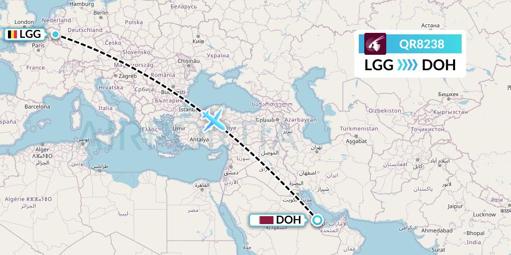 QR8238 Qatar Airways Flight Map: Liege to Doha