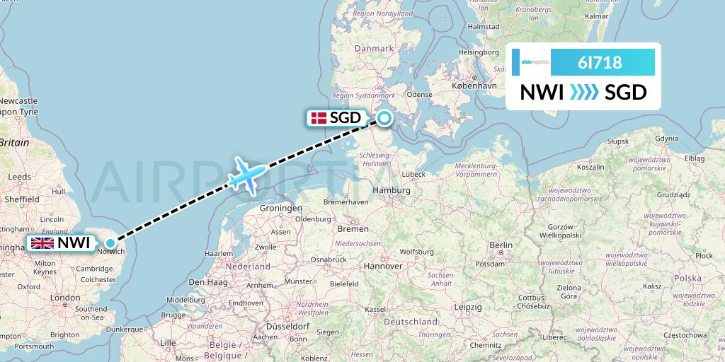 6I718 Air Alsie Flight Map: Norwich to Sonderborg