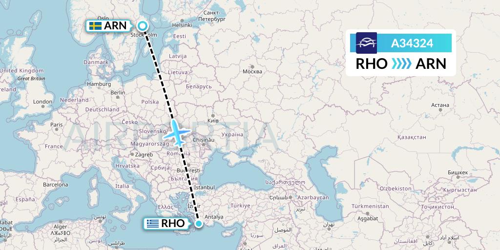 A34324 Aegean Airlines Flight Map: Rhodes to Stockholm
