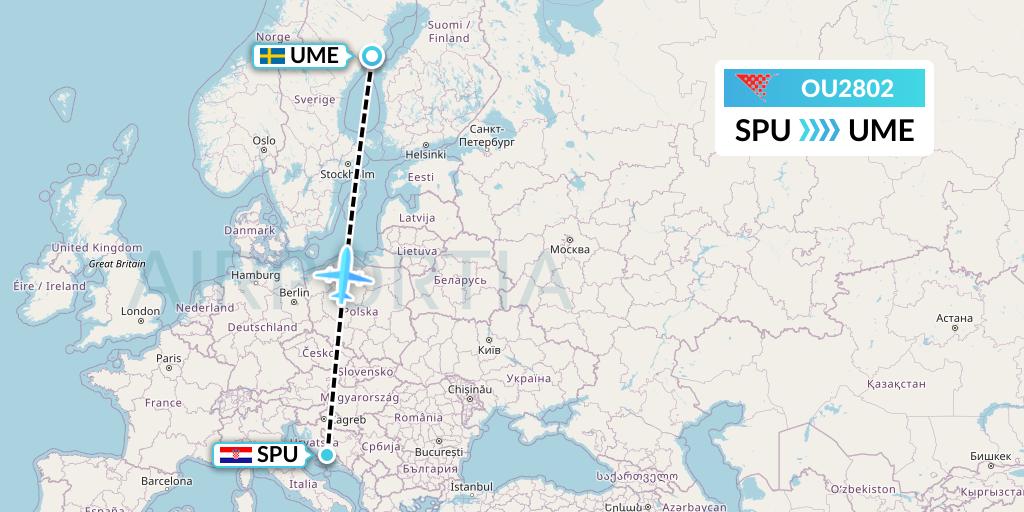 OU2802 Croatia Airlines Flight Map: Split to Umea
