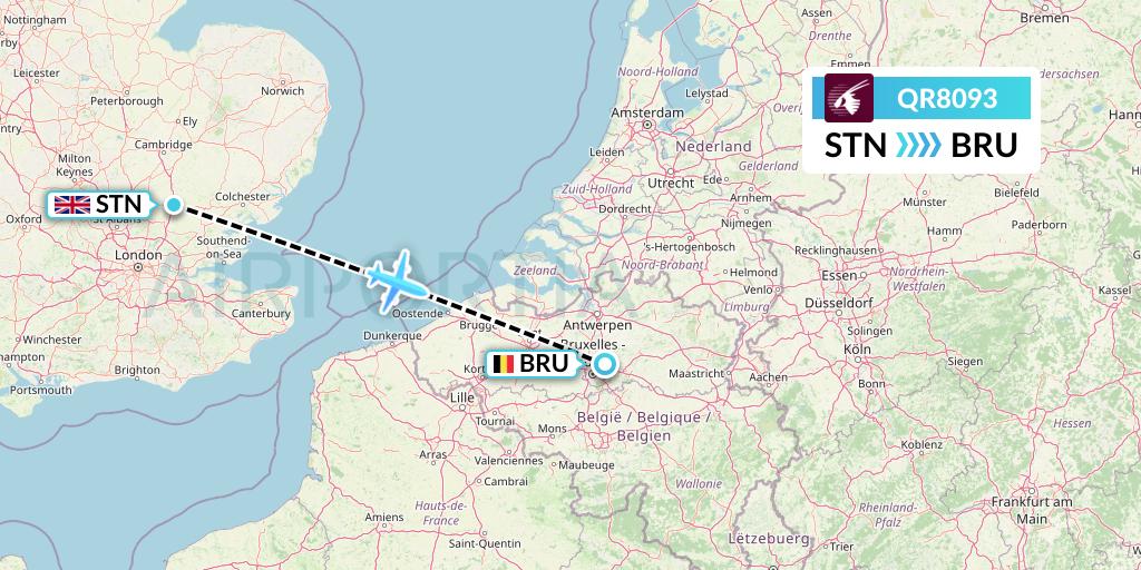 QR8093 Qatar Airways Flight Map: London to Brussels
