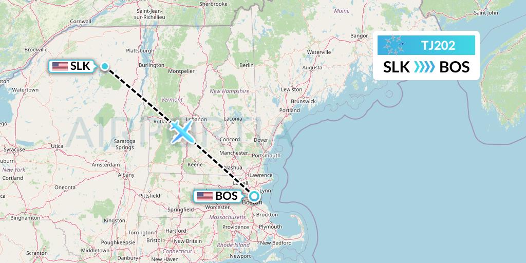 TJ202 Tradewind Aviation Flight Map: Saranac Lake to Boston