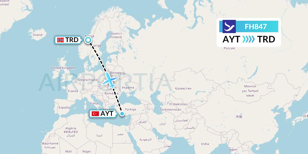 FH847 Freebird Airlines Flight Map: Antalya to Trondheim