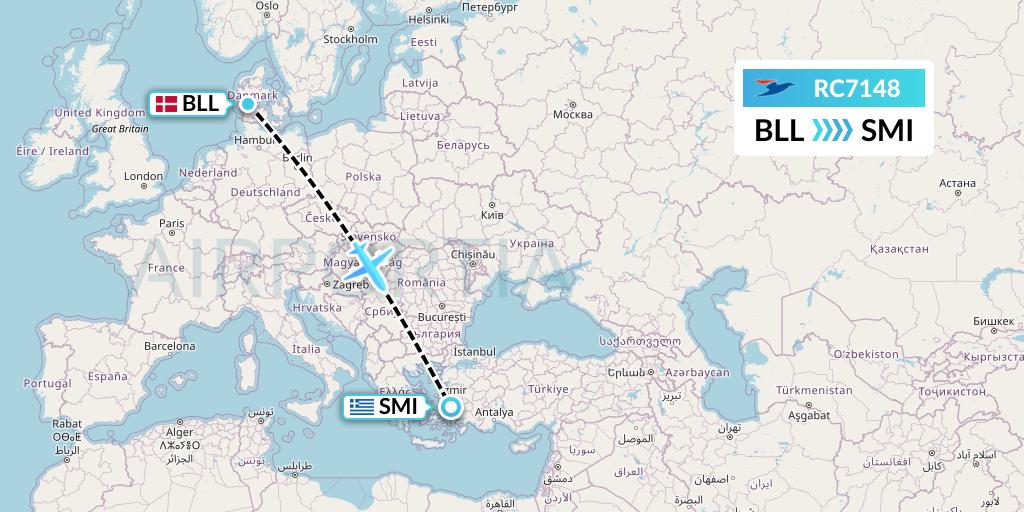 RC7148 Atlantic Airways Flight Map: Billund to Samos