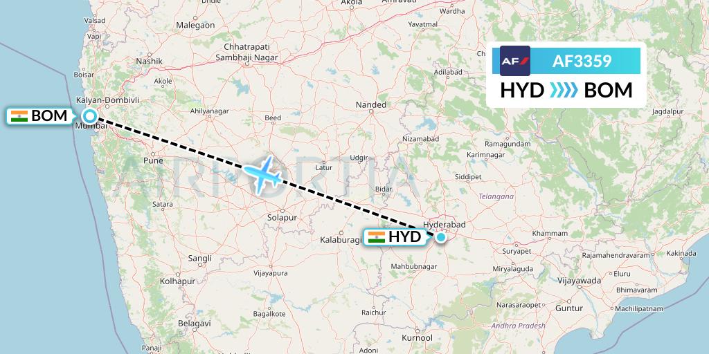 AF3359 Air France Flight Map: Hyderabad to Mumbai