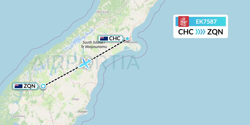 EK7587 Emirates Flight Map: Christchurch to Queenstown