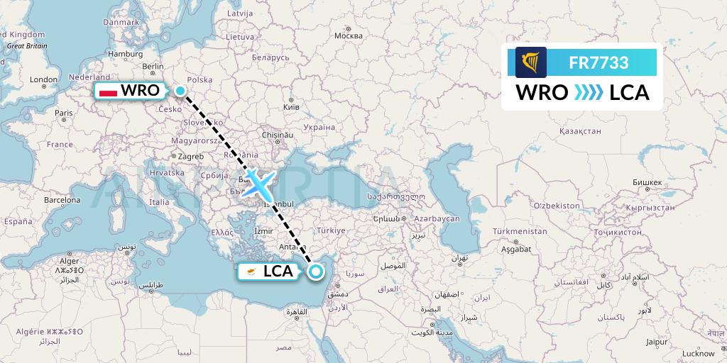 FR7733 Ryanair Flight Map: Wroclaw to Larnaca