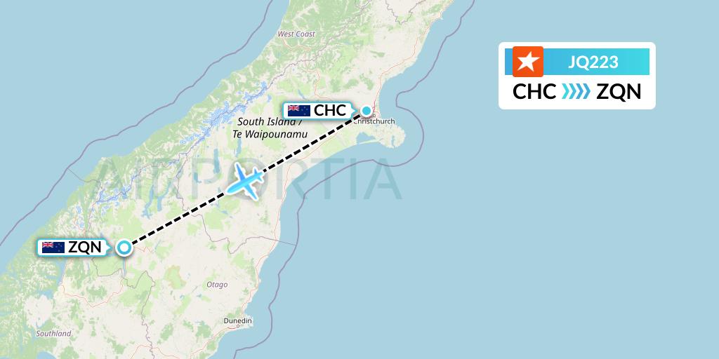 JQ223 Jetstar Airways Flight Map: Christchurch to Queenstown