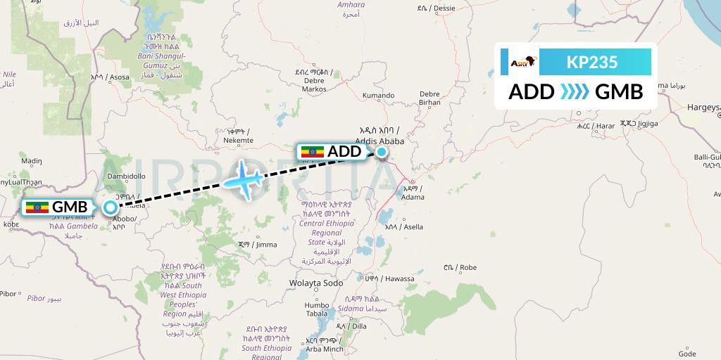 KP235 ASKY Flight Map: Addis Ababa to Gambela