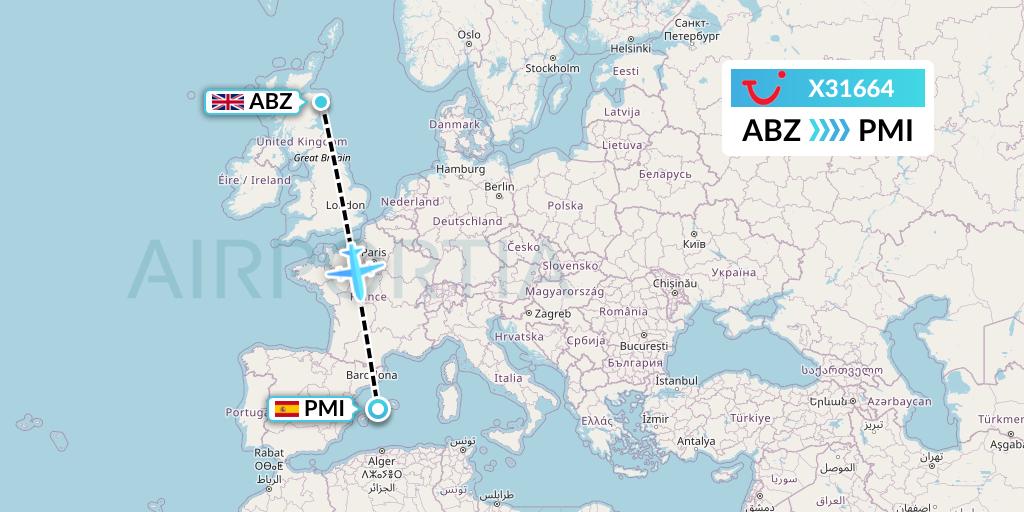 X31664 TUI fly Germany Flight Map: Aberdeen to Palma de Mallorca