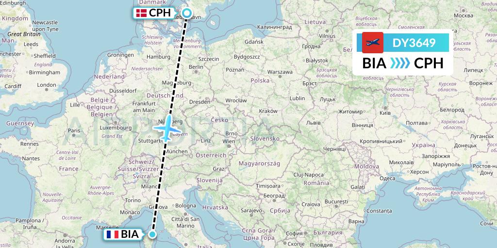 DY3649 Norwegian Flight Map: Bastia to Copenhagen