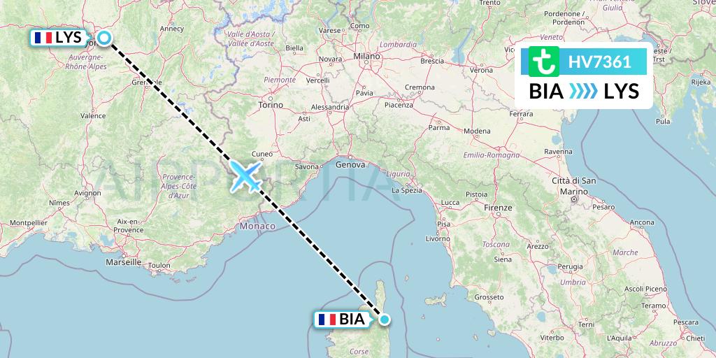 HV7361 Transavia Flight Map: Bastia to Lyon