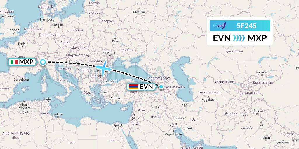 5F245 Fly One Flight Map: Yerevan to Milan
