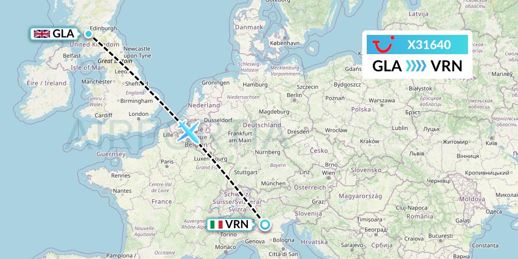 X31640 TUI fly Germany Flight Map: Glasgow to Verona