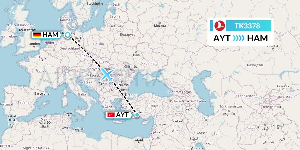 TK3378 Turkish Airlines Flight Map: Antalya to Hamburg