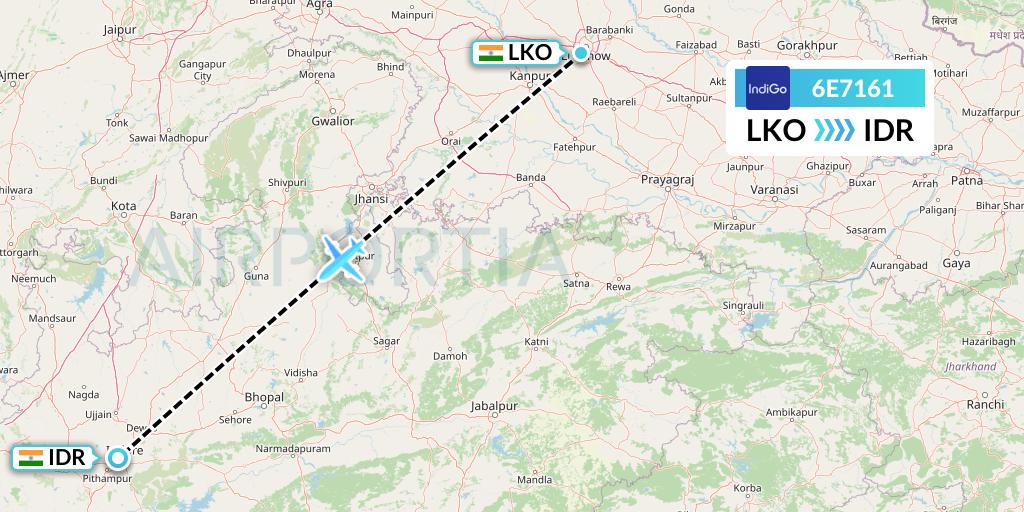 6E7161 IndiGo Airlines Flight Map: Lucknow to Indore