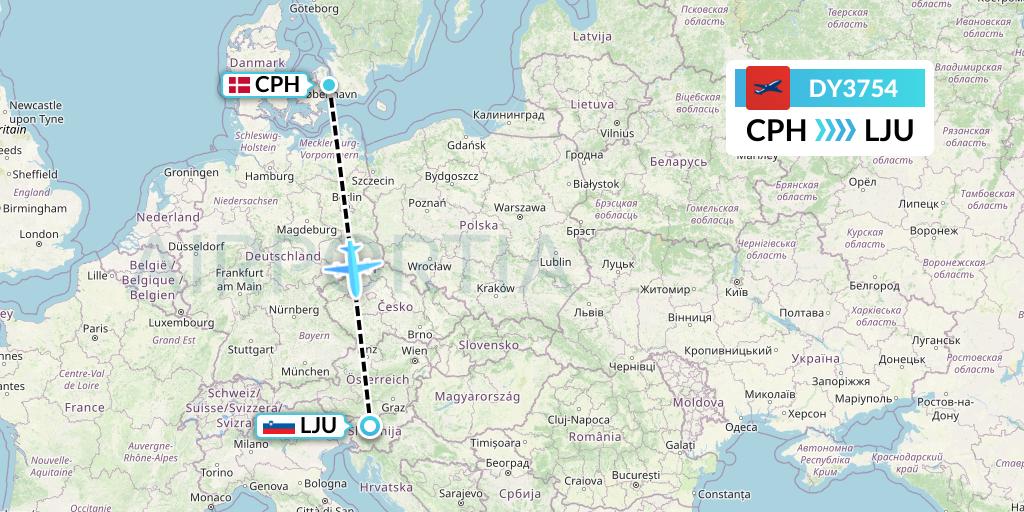 DY3754 Norwegian Flight Map: Copenhagen to Ljubljana