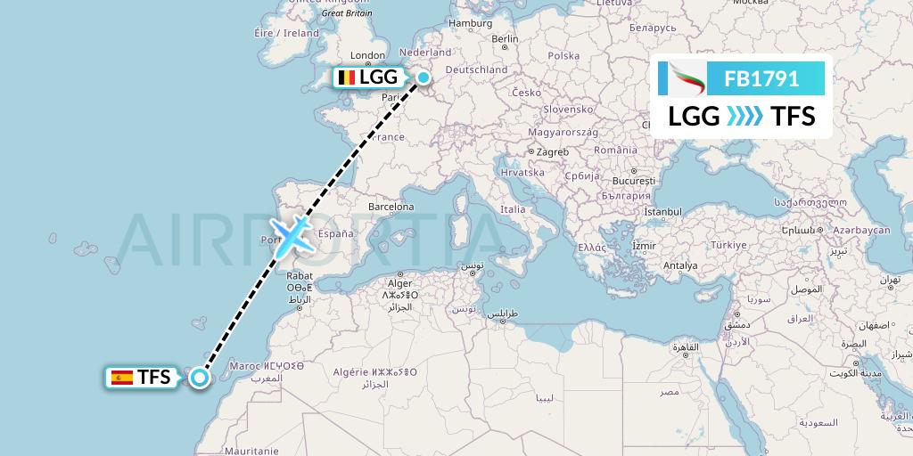 FB1791 Bulgaria Air Flight Map: Liege to Tenerife