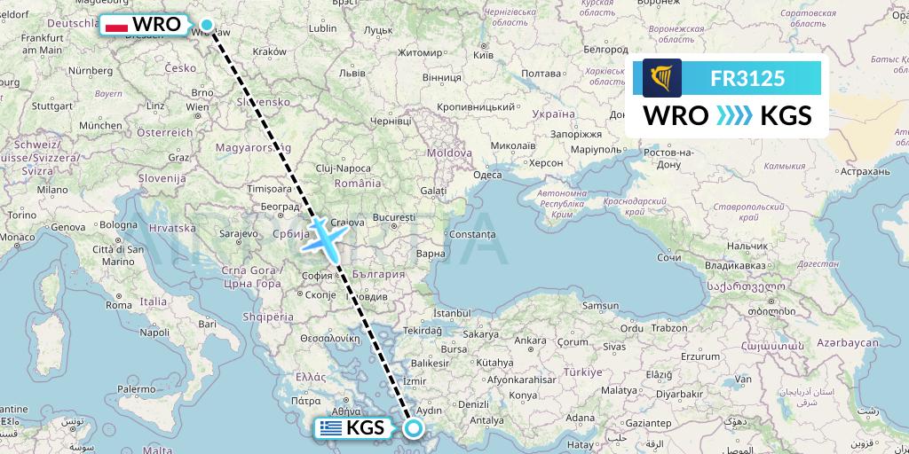 FR3125 Ryanair Flight Map: Wroclaw to Kos