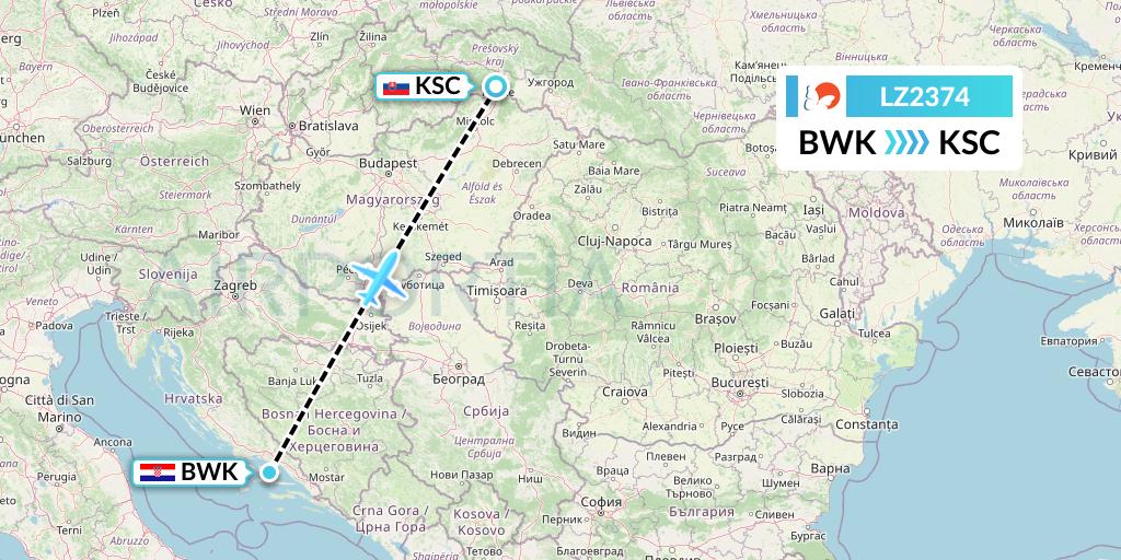 LZ2374 Air Link Flight Map: Bol to Kosice