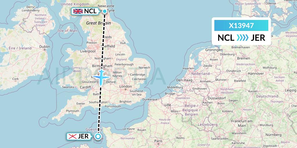 X13947 Nik Airways Flight Map: Newcastle to Jersey