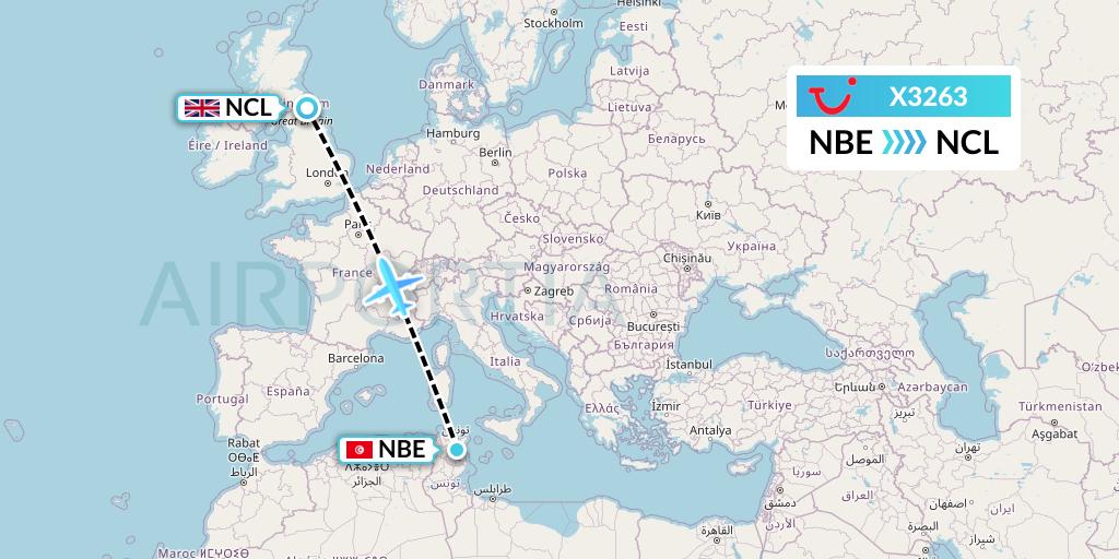 X3263 TUI fly Germany Flight Map: Enfidha to Newcastle