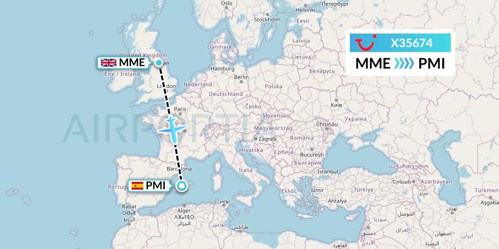 X35674 TUI fly Germany Flight Map: Darlington to Palma de Mallorca