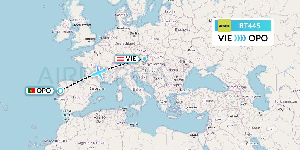BT445 Air Baltic Flight Map: Vienna to Porto