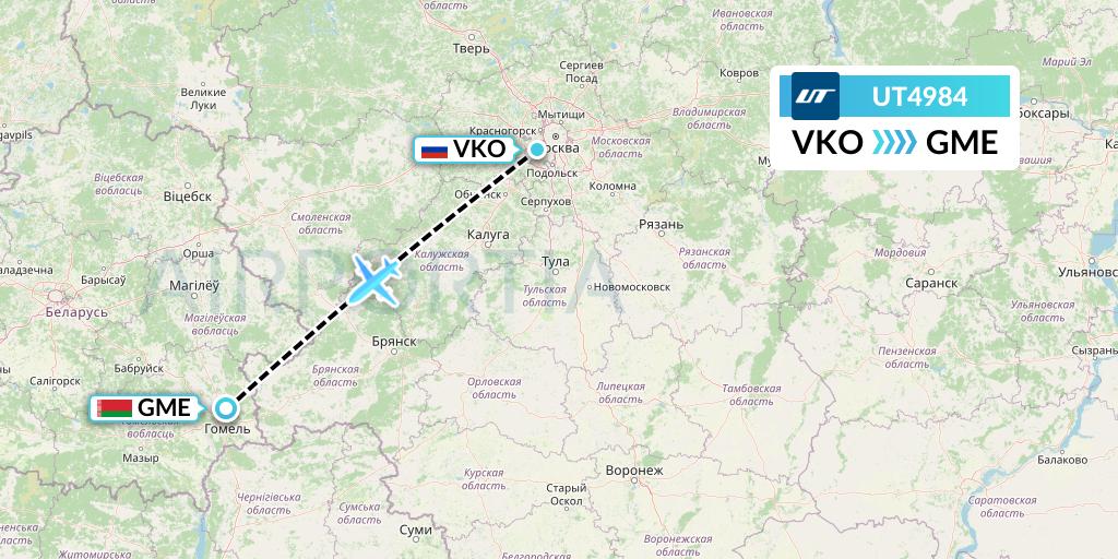 UT4984 UTair Flight Map: Moscow to Gomel