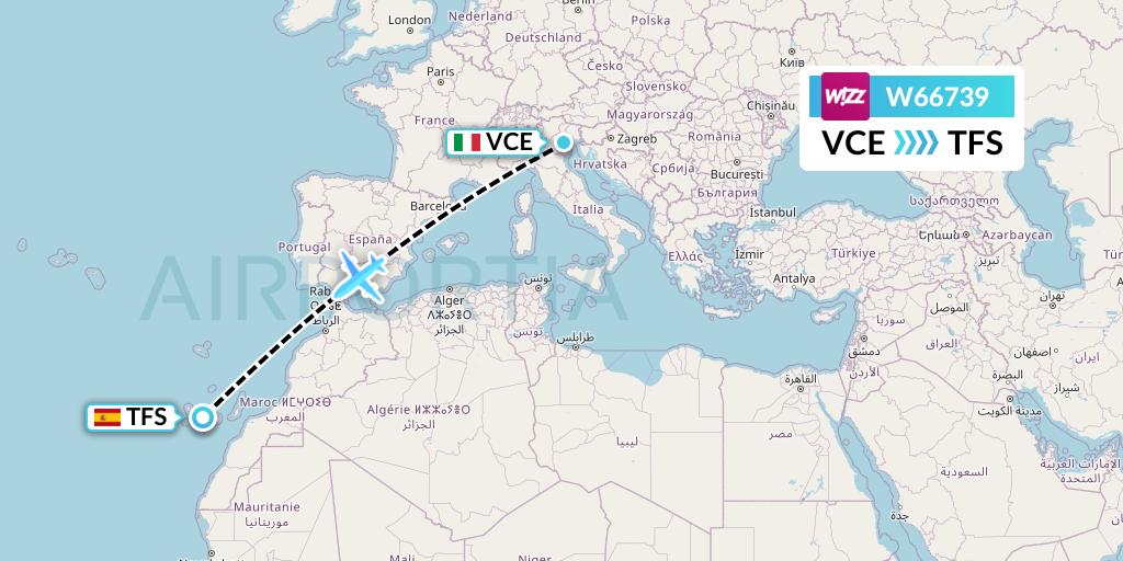 W66739 Wizz Air Flight Map: Venice to Tenerife