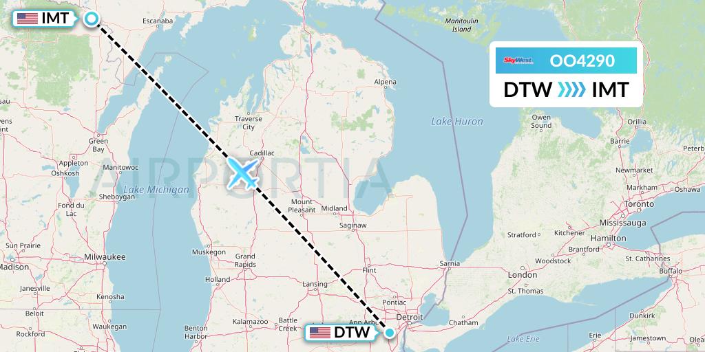 OO4290 SkyWest Airlines Flight Map: Detroit to Iron Mountain Kingsford