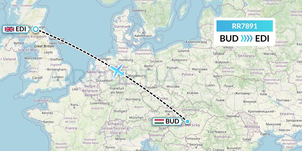 RR7891 Royal Air Force Flight Map: Budapest to Edinburgh