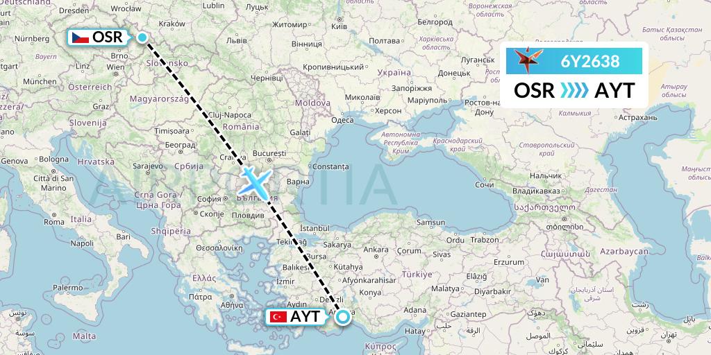 6Y2638 SmartLynx Flight Map: Ostrava to Antalya