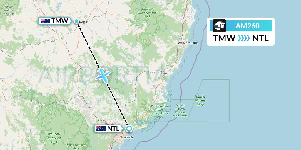 AM260 Aeromexico Flight Map: Tamworth to Newcastle