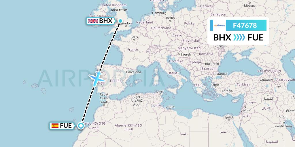 F47678 Air Flamenco Flight Map: Birmingham to Fuerteventura