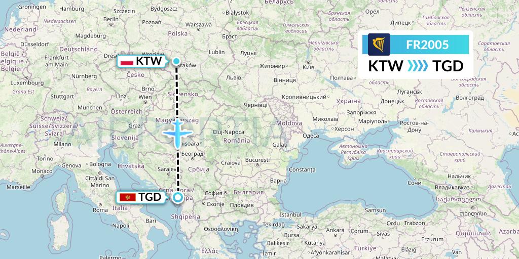 FR2005 Ryanair Flight Map: Katowice to Podgorica