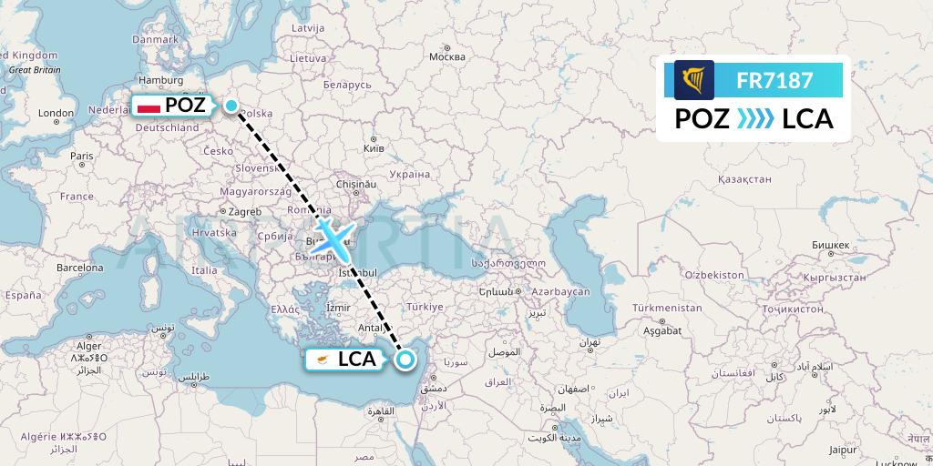 FR7187 Ryanair Flight Map: Poznan to Larnaca
