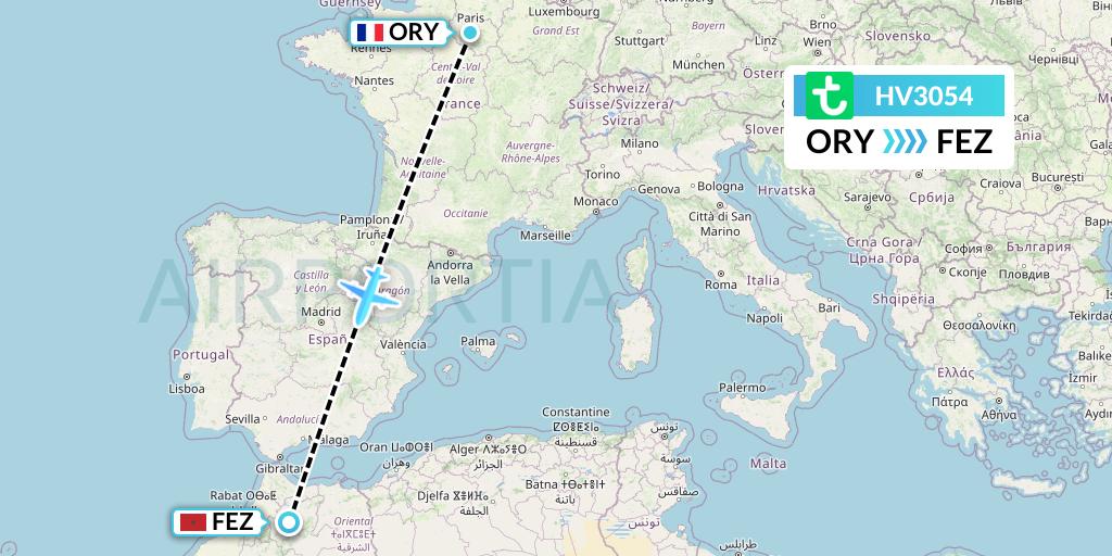 HV3054 Transavia Flight Map: Paris to Fes
