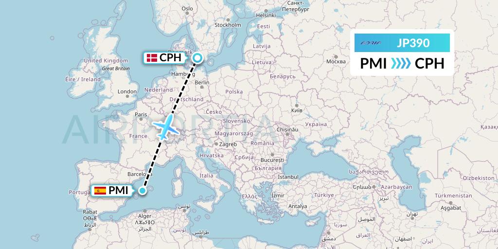 JP390 Adria Airways Flight Map: Palma de Mallorca to Copenhagen