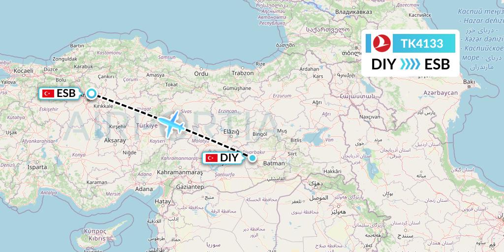 TK4133 Turkish Airlines Flight Map: Diyarbakir to Ankara
