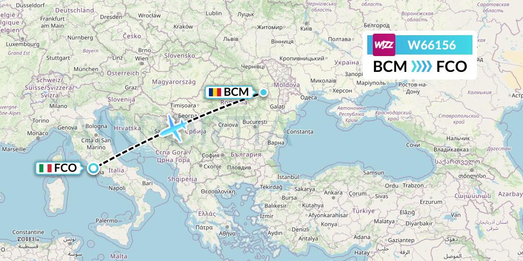 W66156 Wizz Air Flight Map: Bacau to Rome