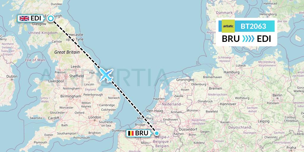 BT2063 Air Baltic Flight Map: Brussels to Edinburgh