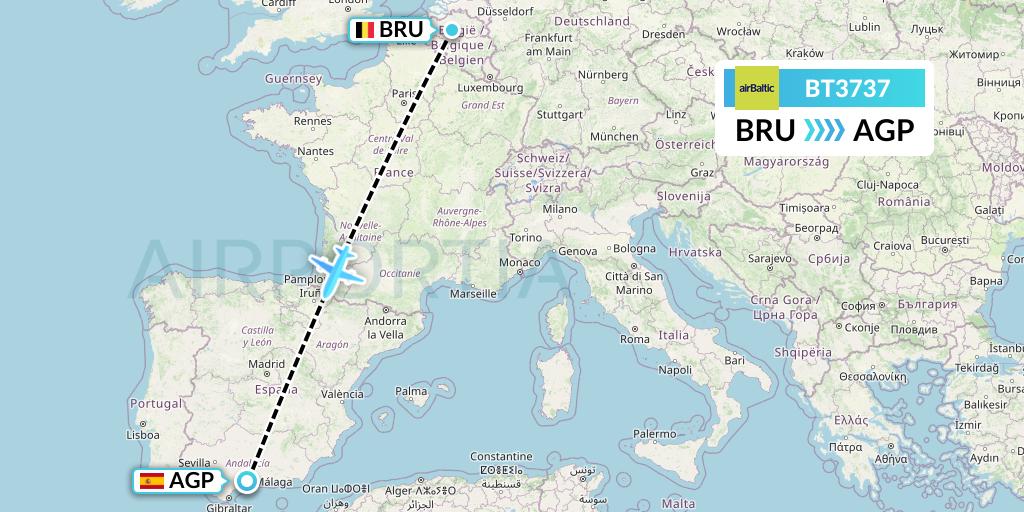BT3737 Air Baltic Flight Map: Brussels to Malaga