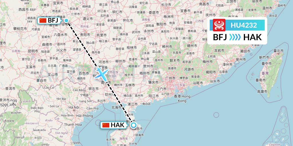 HU4232 Hainan Airlines Flight Map: Bijie to Haikou