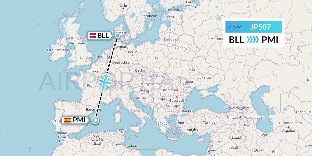 JP507 Adria Airways Flight Map: Billund to Palma de Mallorca