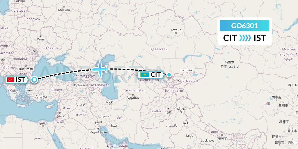 GO6301 ULS Airlines Cargo Flight Map: Shymkent to Istanbul